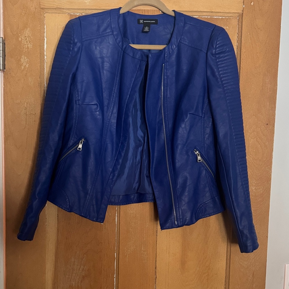 INC International Concepts Royal Blue Faux Leather Moto Jacket size M